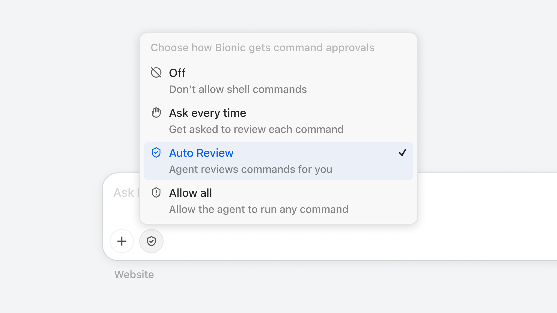 Auto Review selected in Bionic's command approval menu