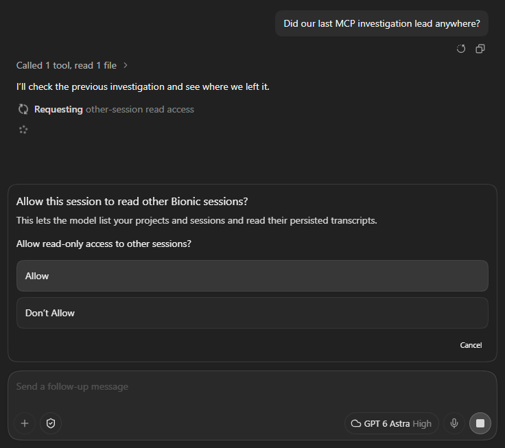 Bionic asking permission before reading other sessions' persisted transcripts
