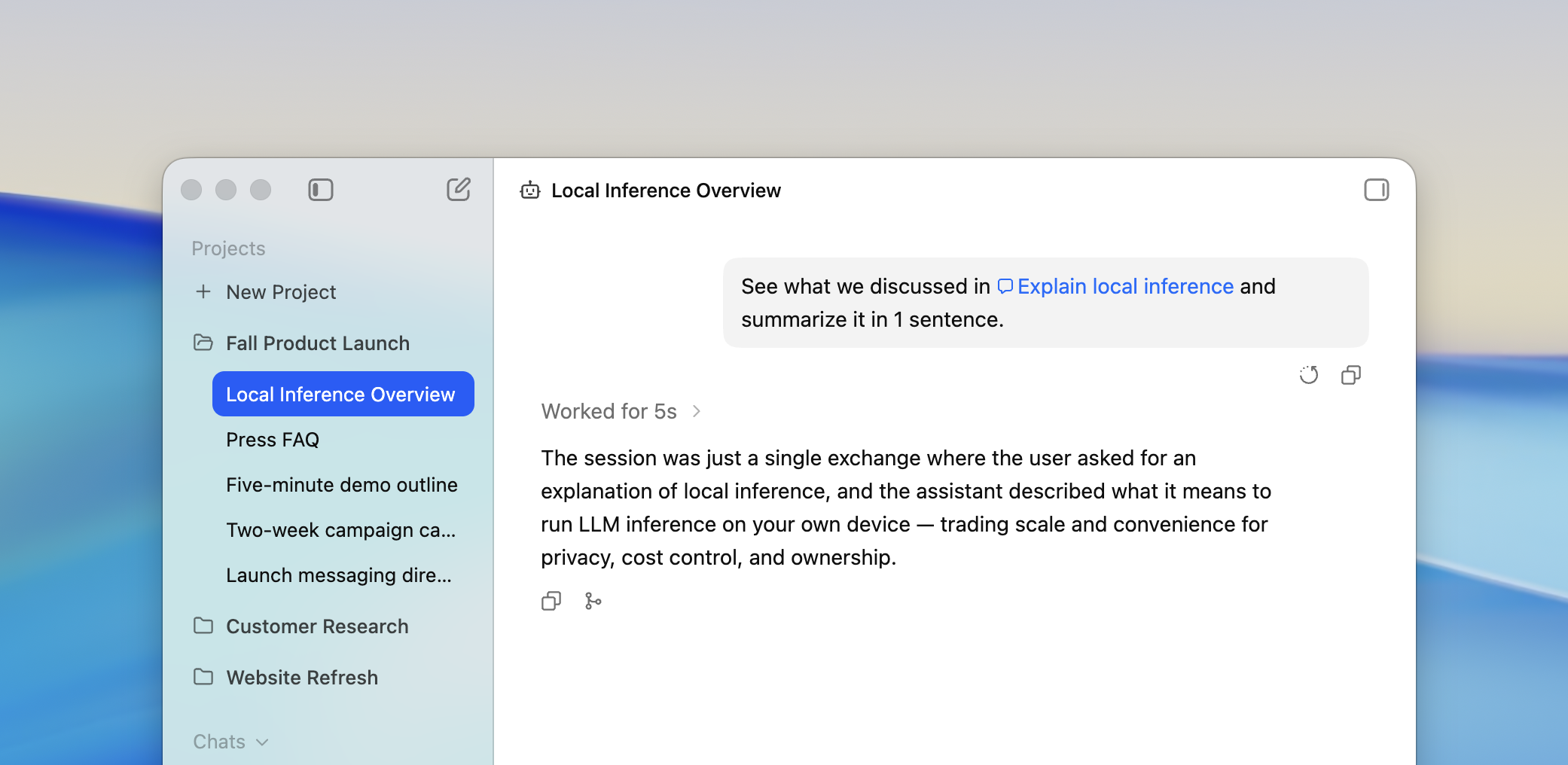 Bionic summarizing the referenced Explain local inference session in the Local Inference Overview conversation