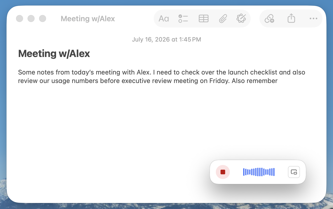 Bionic voice keyboard transcribing in a notes app