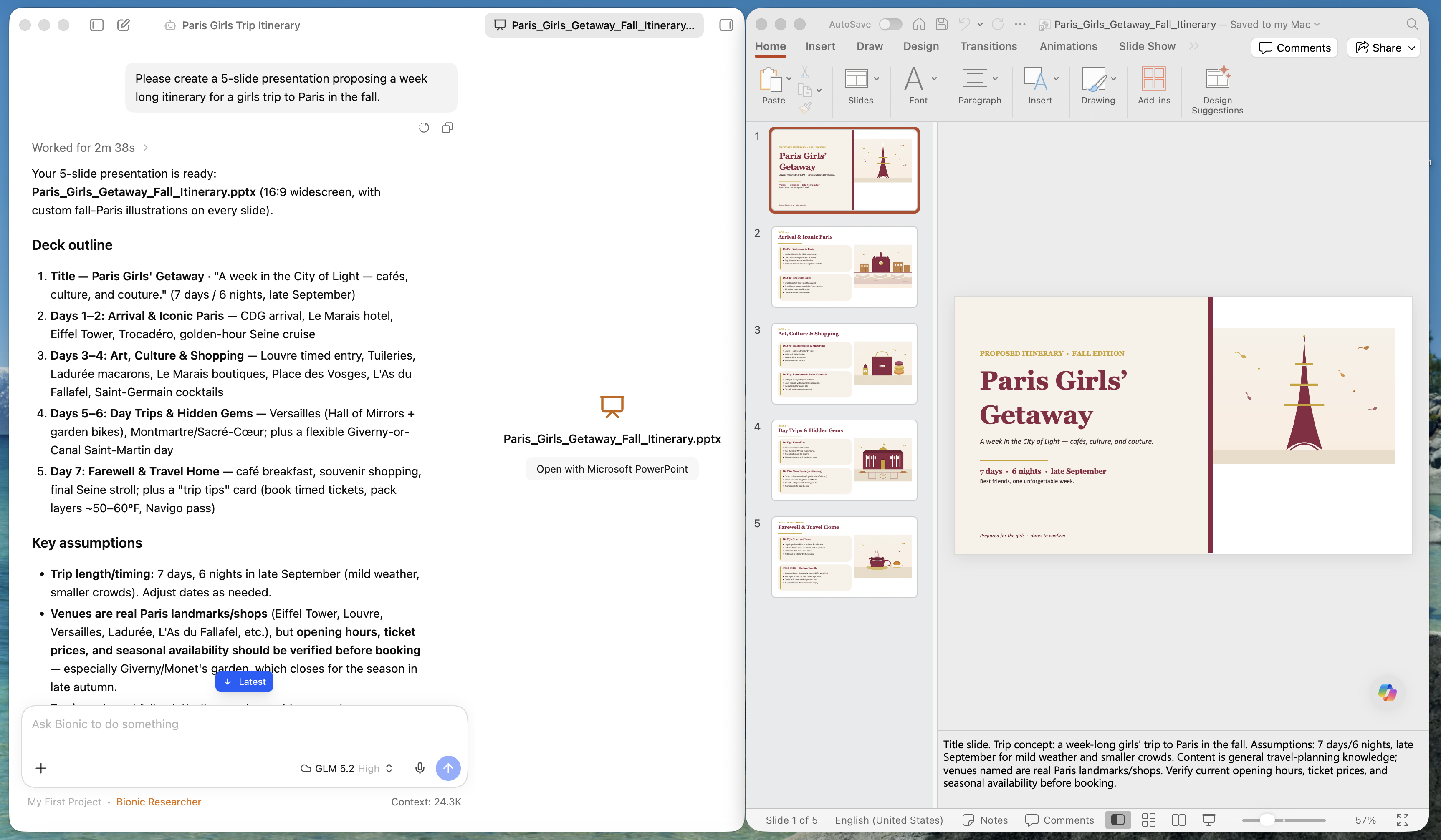 Bionic creating a Paris Girls' Getaway presentation